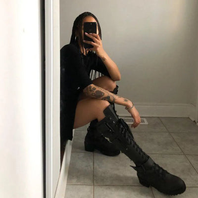 Fjora - Lace-Up Motorcycle Heeled Boots